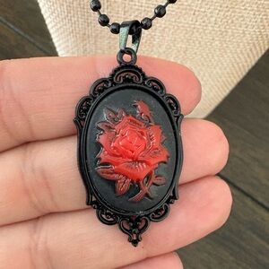 Black and Red Rose Cameo Pendant Necklace